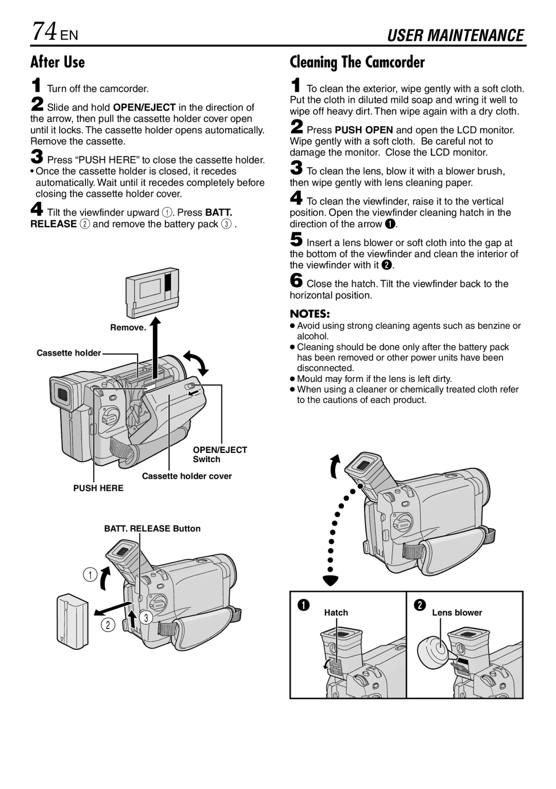 JVC GR-DVL867, GR-DVL865, GR-DVL567 specifications 74 EN, After Use, Cleaning The Camcorder 