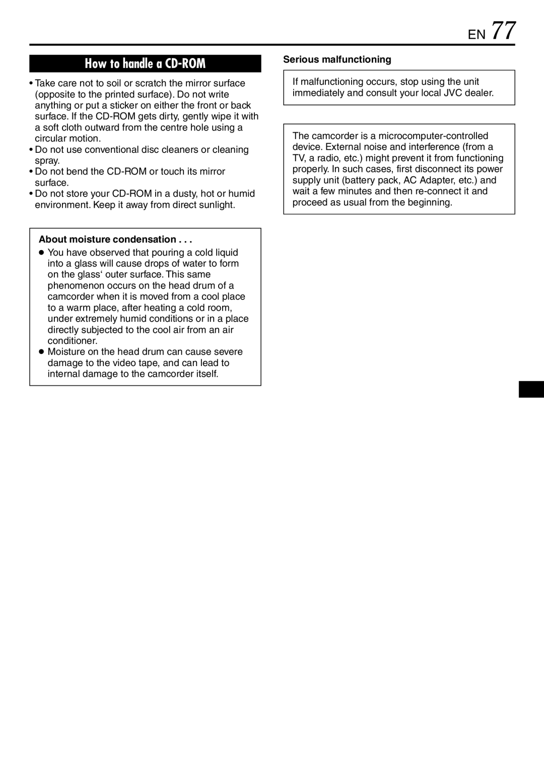 JVC GR-DVL867, GR-DVL865, GR-DVL567 specifications About moisture condensation, Serious malfunctioning 