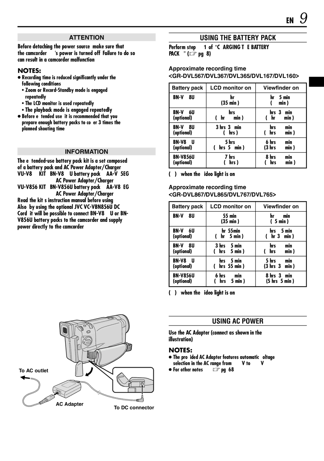 JVC GR-DVL865, GR-DVL567 Using the Battery Pack, Using AC Power, Approximate recording time GR-DVL867/DVL865/DVL767/DVL765 