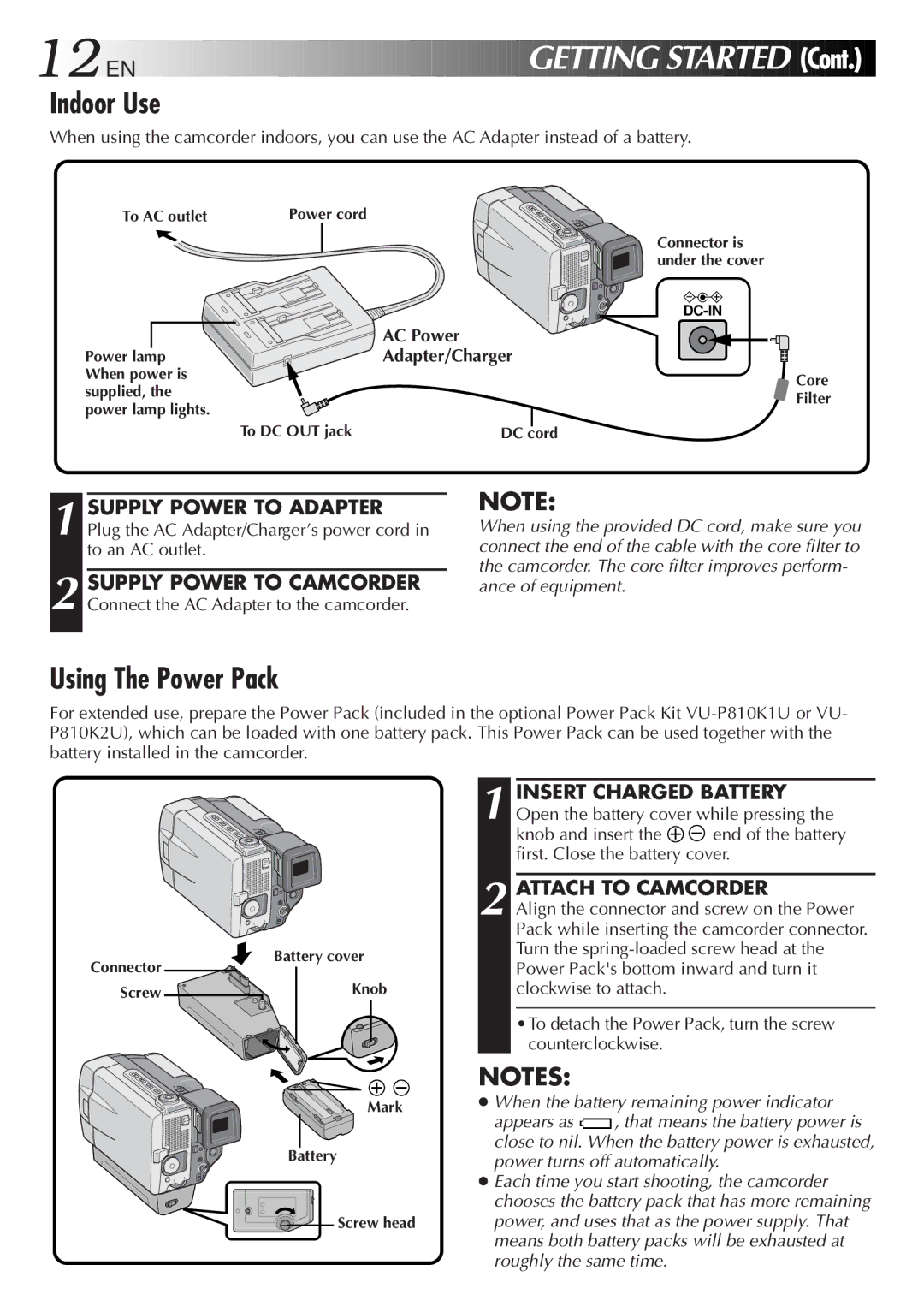 JVC GR-DVL9000 manual Indoor Use, Using The Power Pack, Attach to Camcorder, AC Power, Knob and insert 