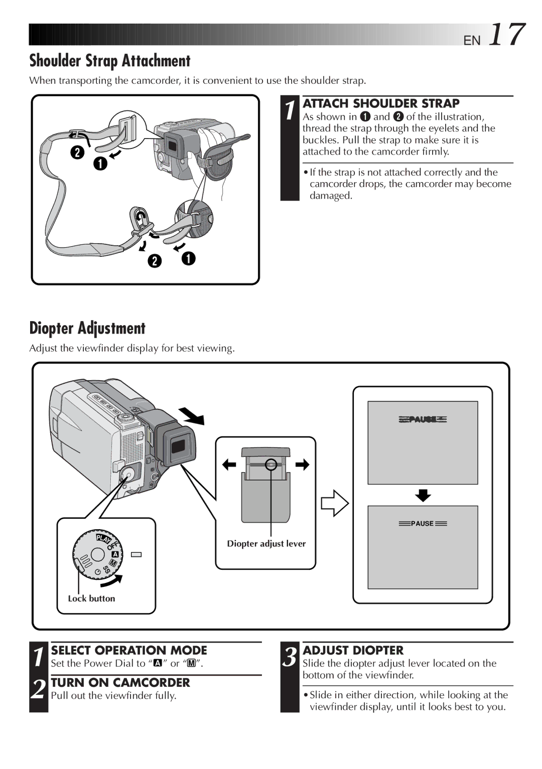 JVC GR-DVL9000 Shoulder Strap Attachment, Diopter Adjustment, Attach Shoulder Strap, Turn on Camcorder, Adjust Diopter 