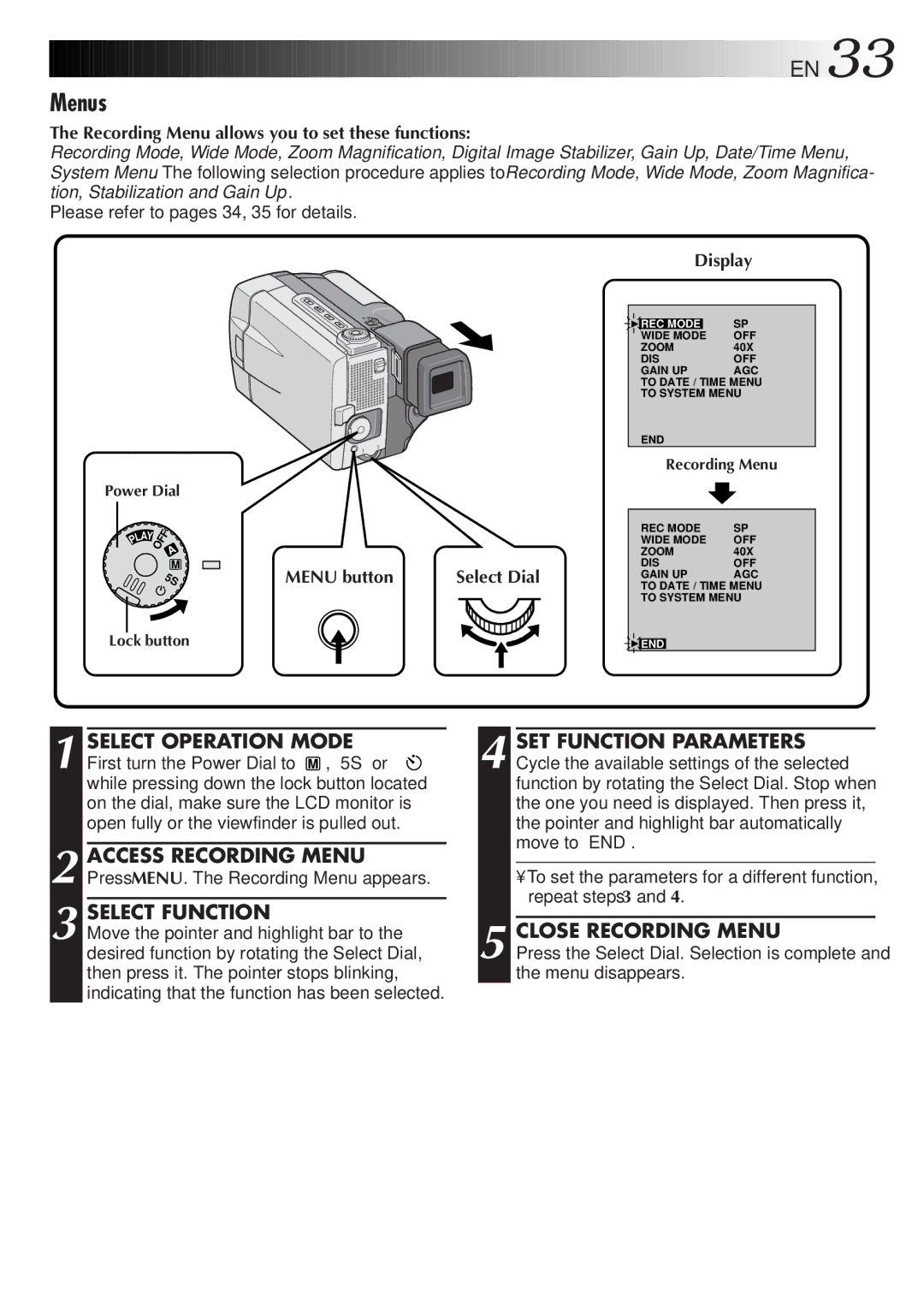 JVC GR-DVL9000 manual Menus, Close Recording Menu, Recording Menu allows you to set these functions 