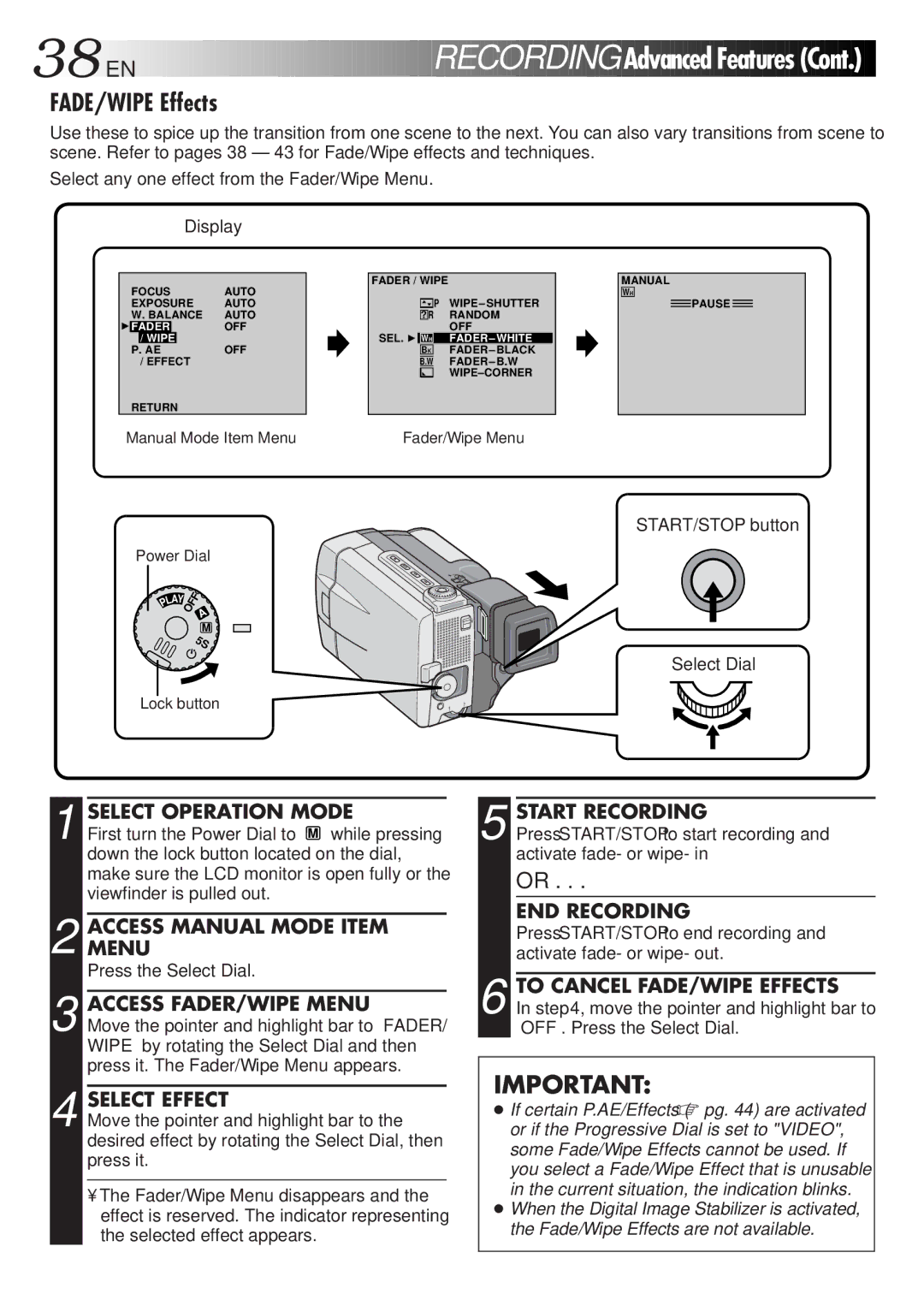 JVC GR-DVL9000 manual FADE/WIPE Effects, Accessmenu Manual Mode Item, Access FADER/WIPE Menu, Select Effect 