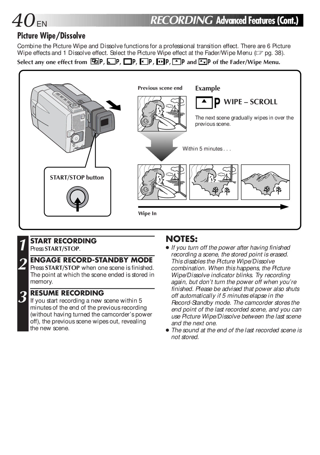 JVC GR-DVL9000 manual Picture Wipe/Dissolve, Resume Recording, P and P of the Fader/Wipe Menu 