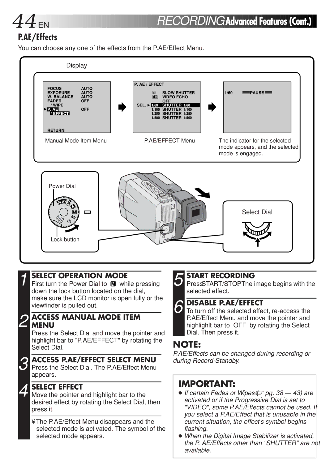 JVC GR-DVL9000 manual AE/Effects, Disable P.AE/EFFECT, Selected mode appears 