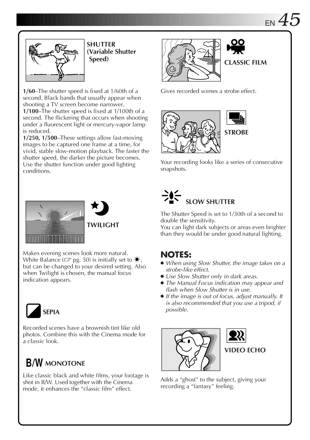 JVC GR-DVL9000 manual Classic Film, Strobe, Twilight, Sepia, Monotone Slow Shutter, Video Echo 