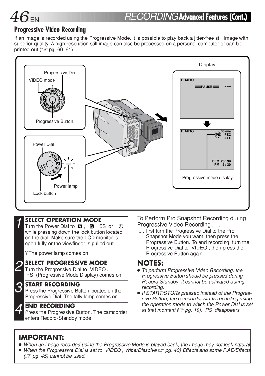 JVC GR-DVL9000 manual Progressive Video Recording, END Recording 