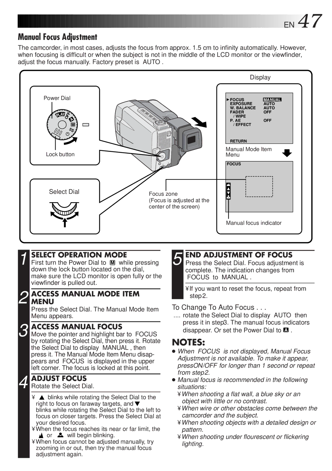 JVC GR-DVL9000 manual Manual Focus Adjustment, Access Manual Focus, Adjust Focus, To Change To Auto Focus 