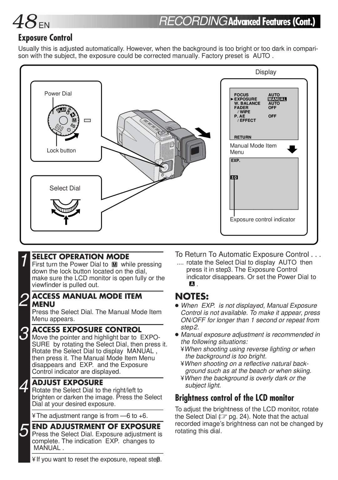 JVC GR-DVL9000 manual Exposure Control, Brightness control of the LCD monitor, Adjust Exposure 