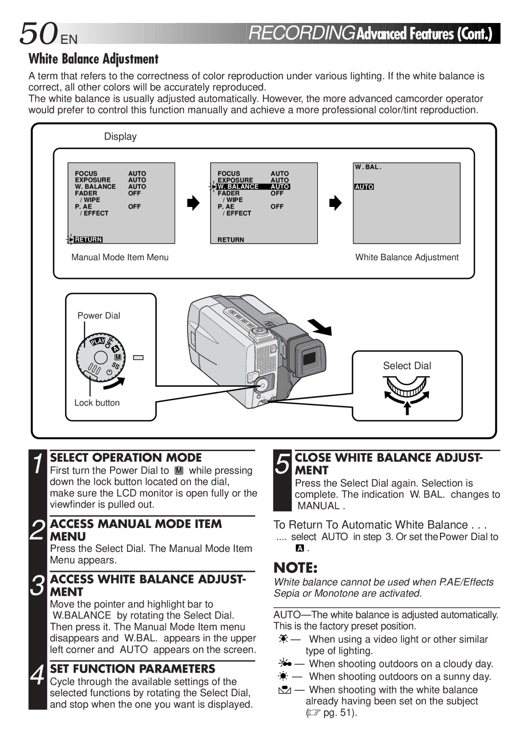 JVC GR-DVL9000 manual White Balance Adjustment, Accessment White Balance Adjust, Closement White Balance Adjust 