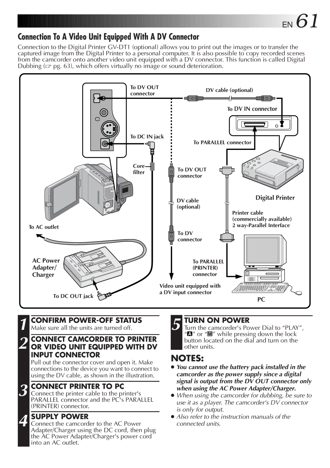 JVC GR-DVL9000 manual Connection To a Video Unit Equipped With a DV Connector, AC Power Adapter Charger, To DV in connector 