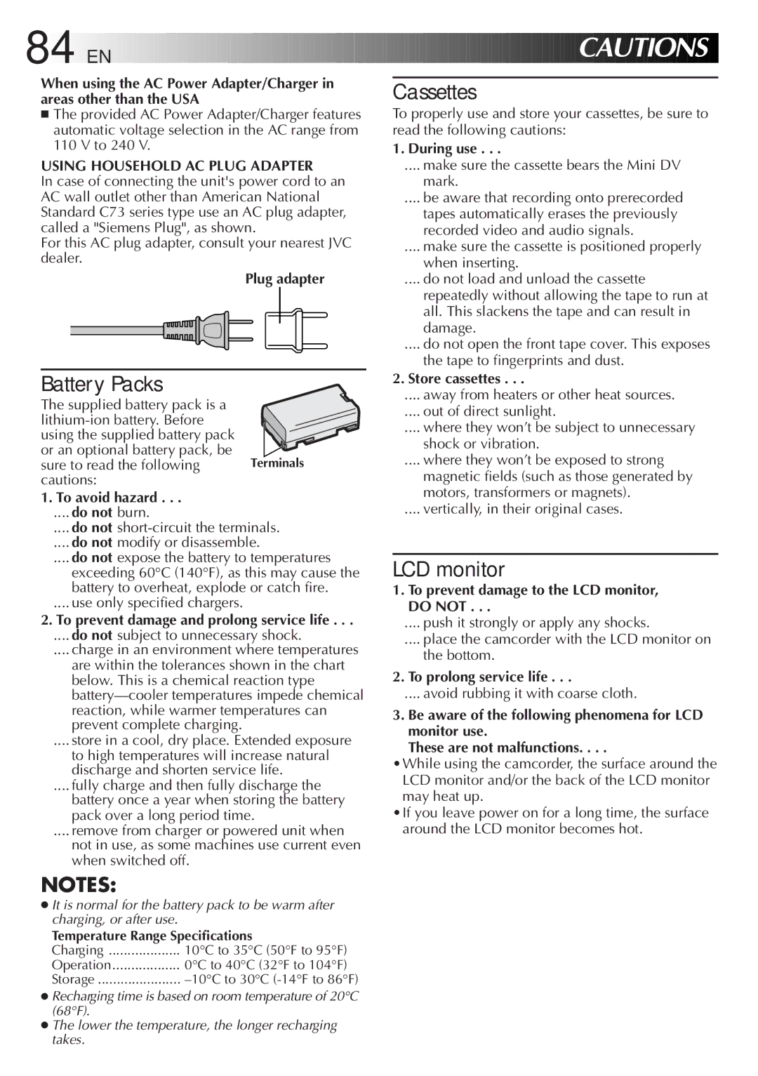 JVC GR-DVL9000 Plug adapter, To avoid hazard, During use, Store cassettes, To prevent damage to the LCD monitor, do not 