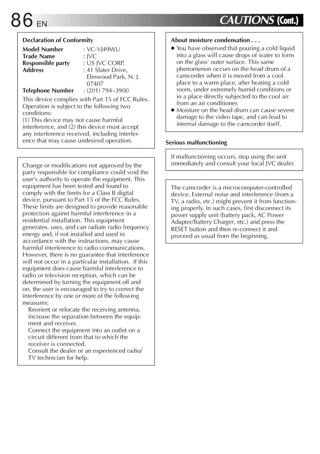 JVC GR-DVL9000 Declaration of Conformity Model Number, Trade Name, Responsible party, Address, About moisture condensation 