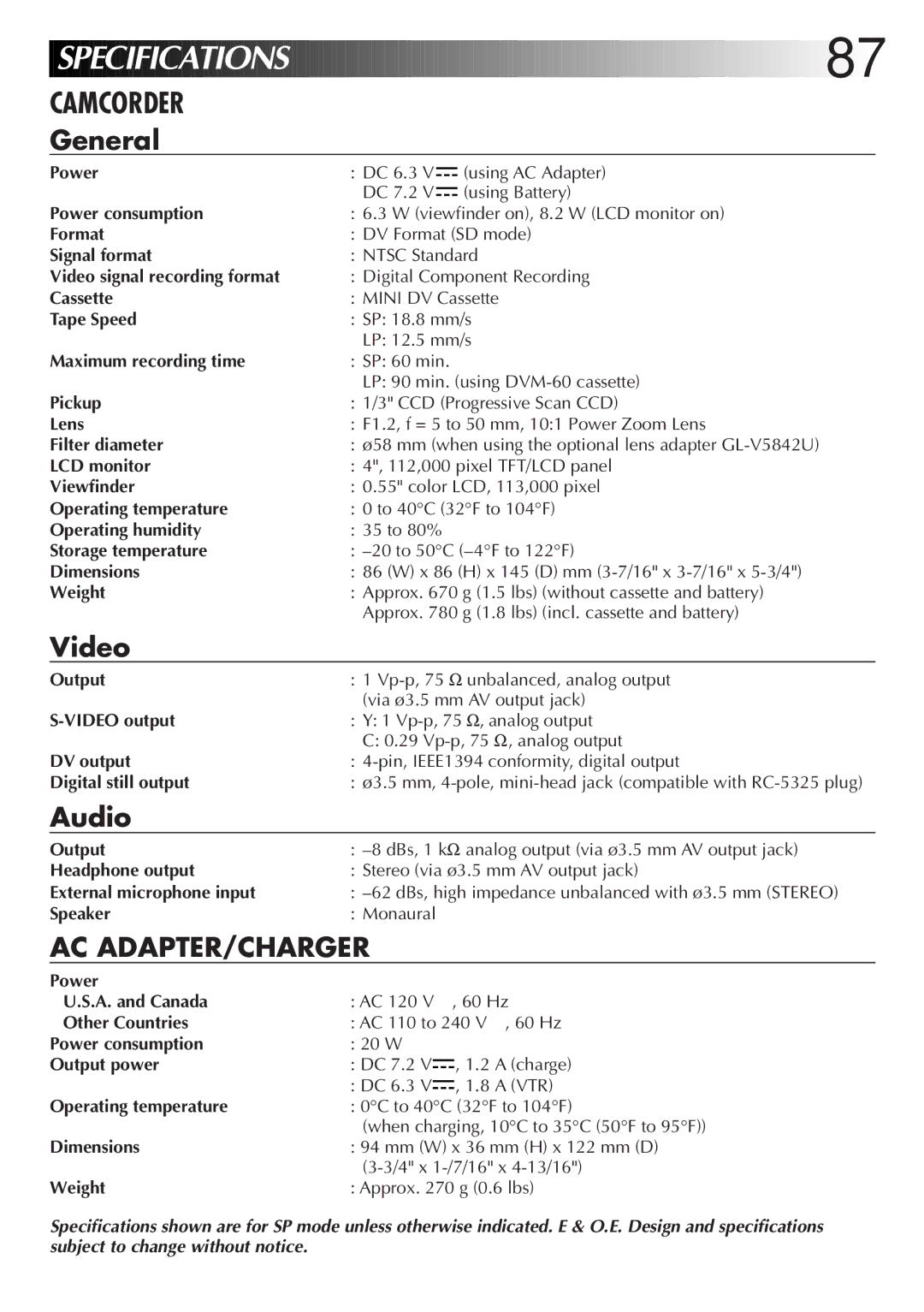 JVC GR-DVL9000 Power consumption, Format, Signal format, Video signal recording format, Cassette, Tape Speed, Pickup 