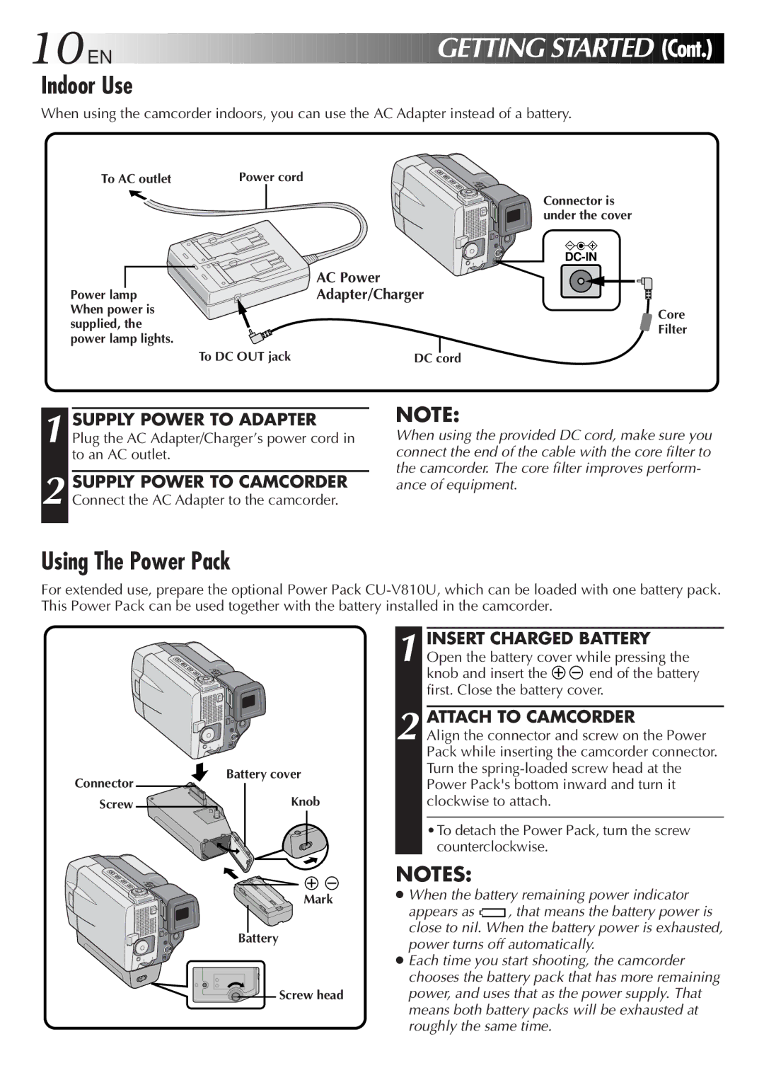 JVC GR-DVL9000 manual Indoor Use, Using The Power Pack, Attach to Camcorder, AC Power, Knob and insert 