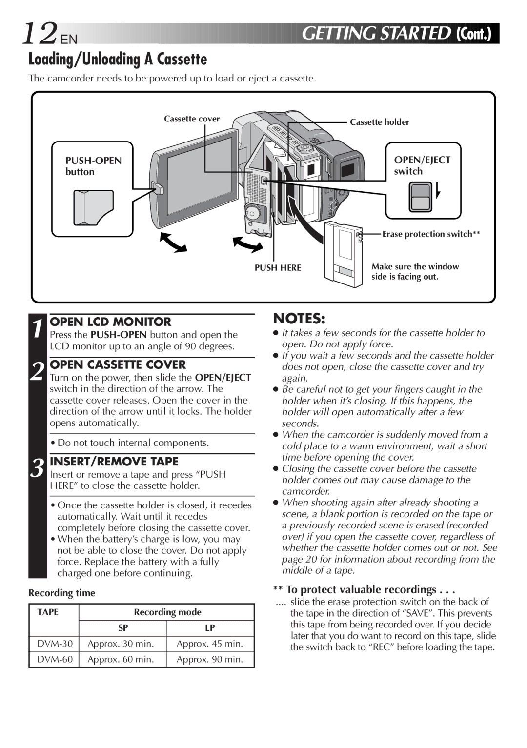 JVC GR-DVL9000 manual Loading/Unloading a Cassette, Open LCD Monitor, Open Cassette Cover, INSERT/REMOVE Tape 