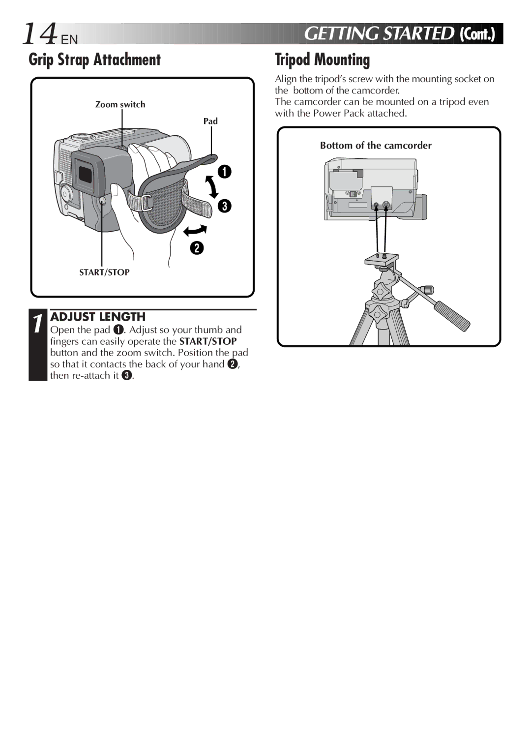 JVC GR-DVL9000 manual Grip Strap Attachment, Tripod Mounting, Adjust Length, Bottom of the camcorder 