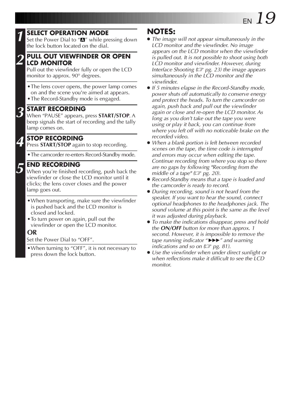 JVC GR-DVL9000 manual Pull OUT Viewfinder or Open LCD Monitor, Start Recording, Stop Recording, END Recording 
