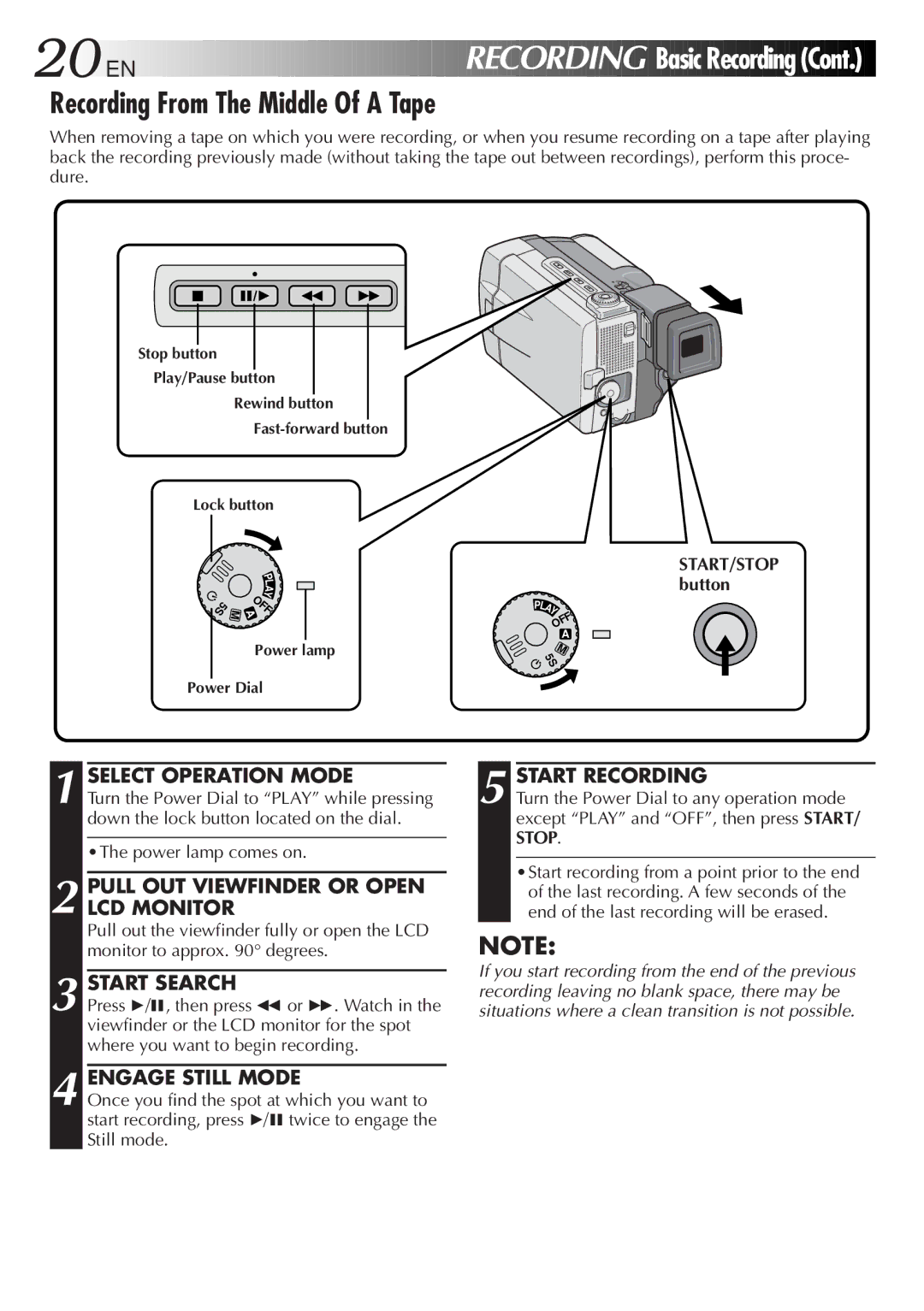 JVC GR-DVL9000 manual Recording From The Middle Of a Tape, Start Search, Engage Still Mode, Power lamp comes on 