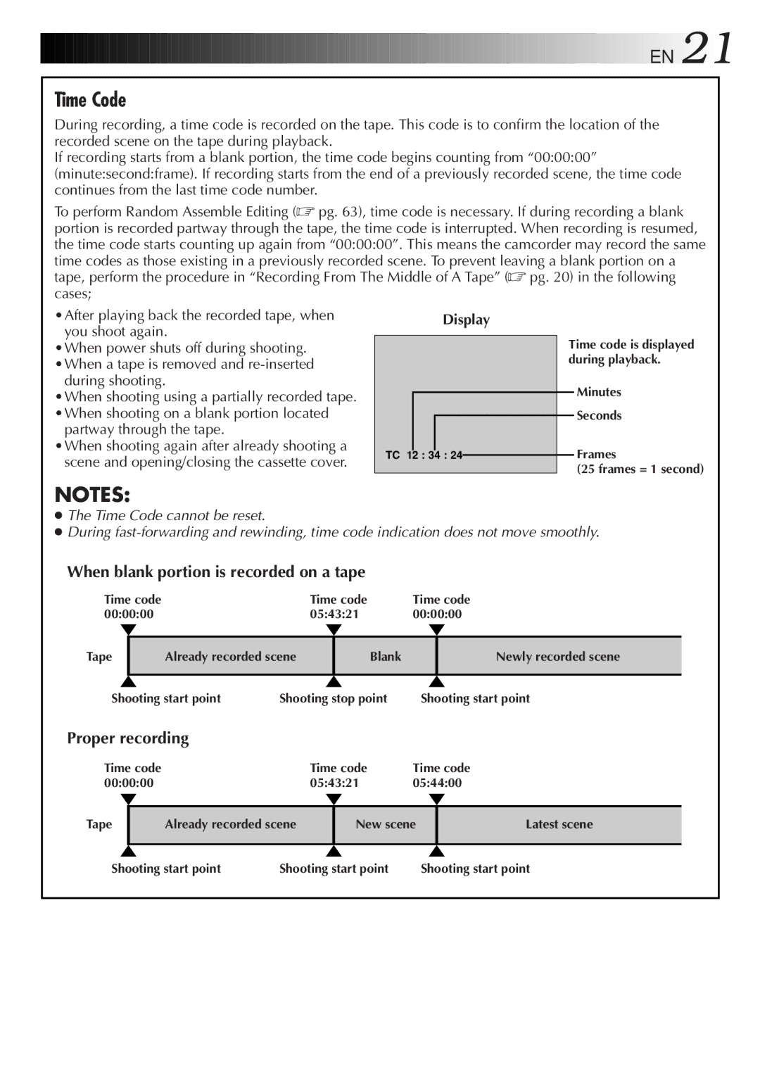 JVC GR-DVL9000 manual Time Code, When blank portion is recorded on a tape, Proper recording, During shooting 