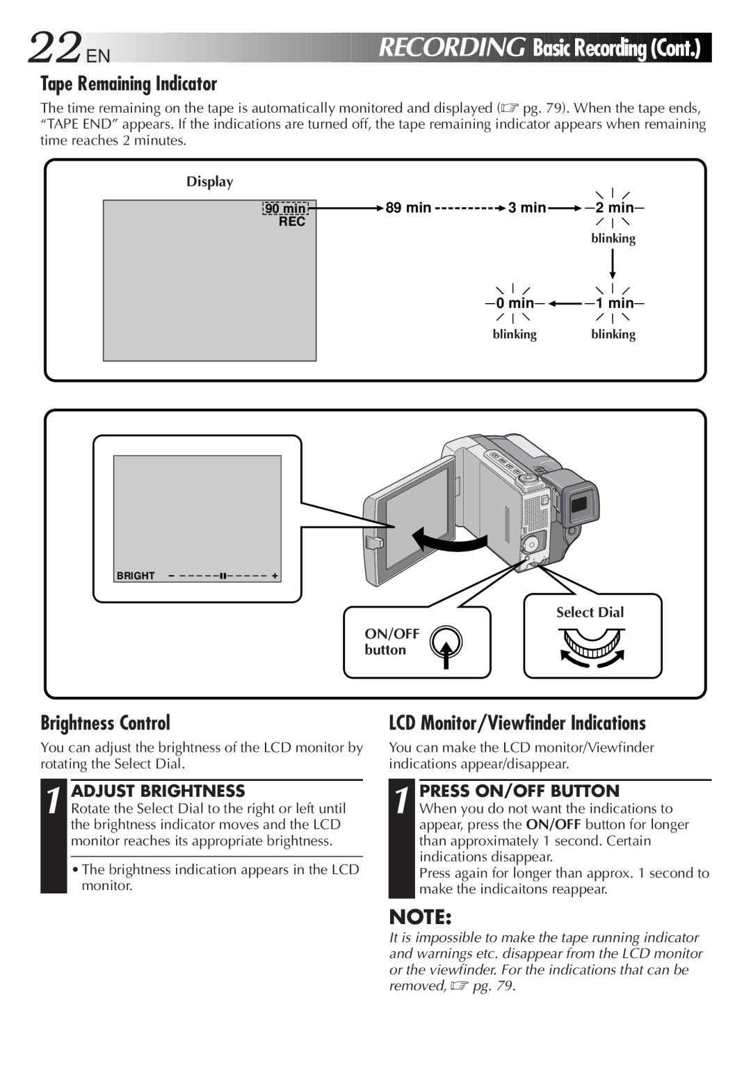 JVC GR-DVL9000 manual Tape Remaining Indicator, Brightness Control, Adjust Brightness, Select Dial ON/OFF button 