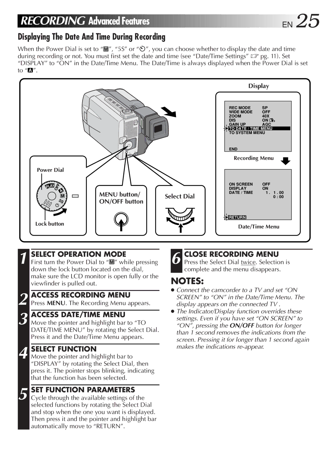 JVC GR-DVL9000 manual Displaying The Date And Time During Recording, Select Function 