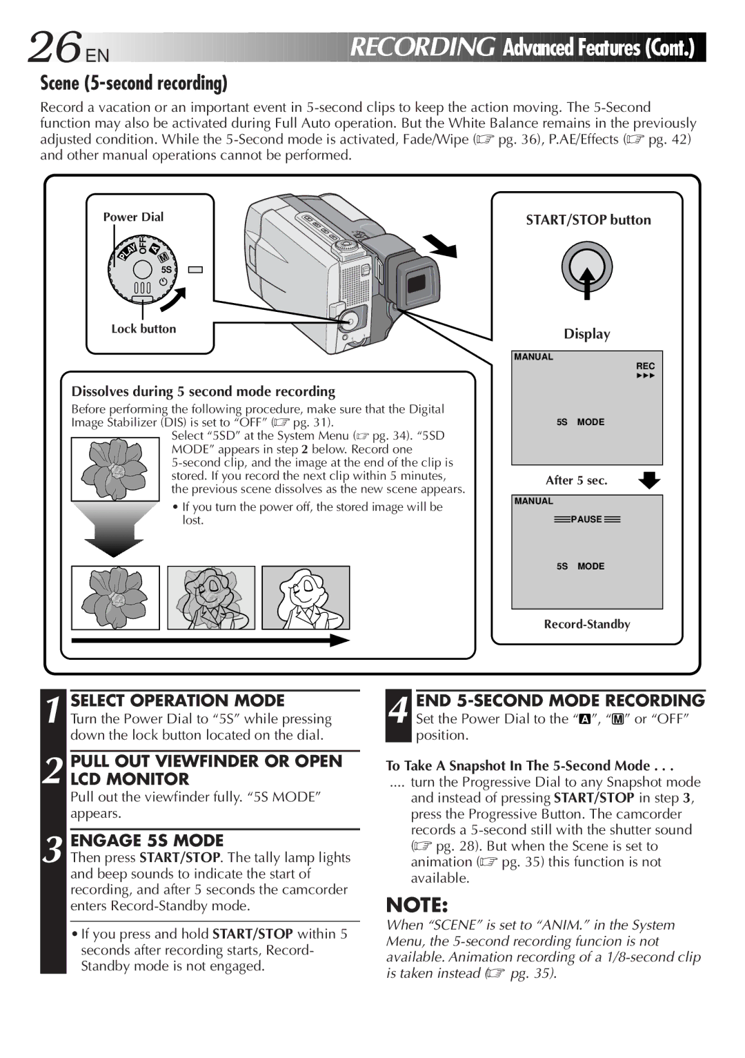 JVC GR-DVL9000 manual Scene 5-second recording, Engage 5S Mode, Dissolves during 5 second mode recording 