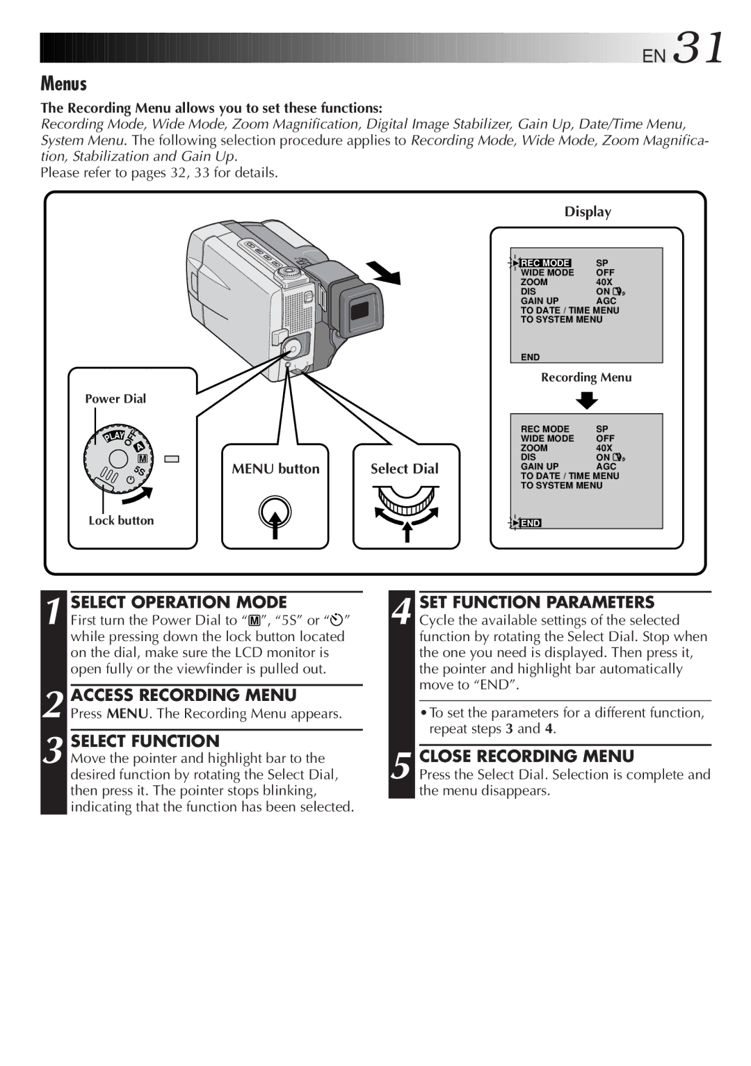 JVC GR-DVL9000 manual Menus, Close Recording Menu, Recording Menu allows you to set these functions 