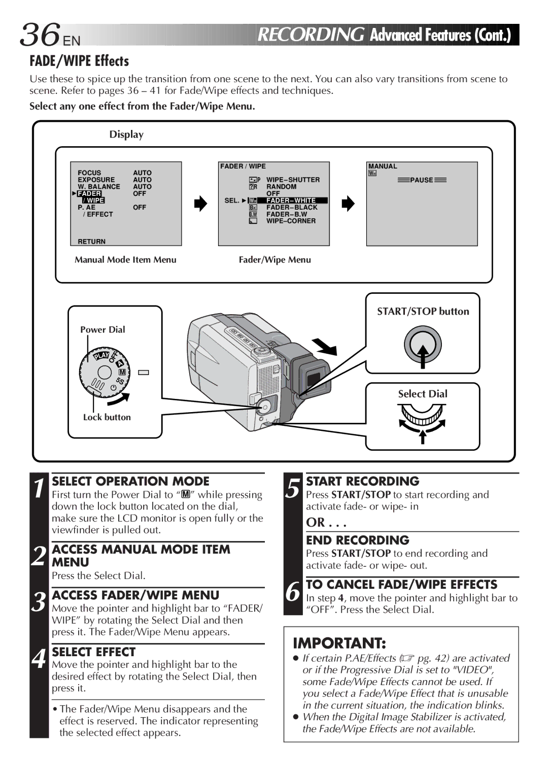 JVC GR-DVL9000 manual FADE/WIPE Effects, Accessmenu Manual Mode Item, Access FADER/WIPE Menu, Select Effect 