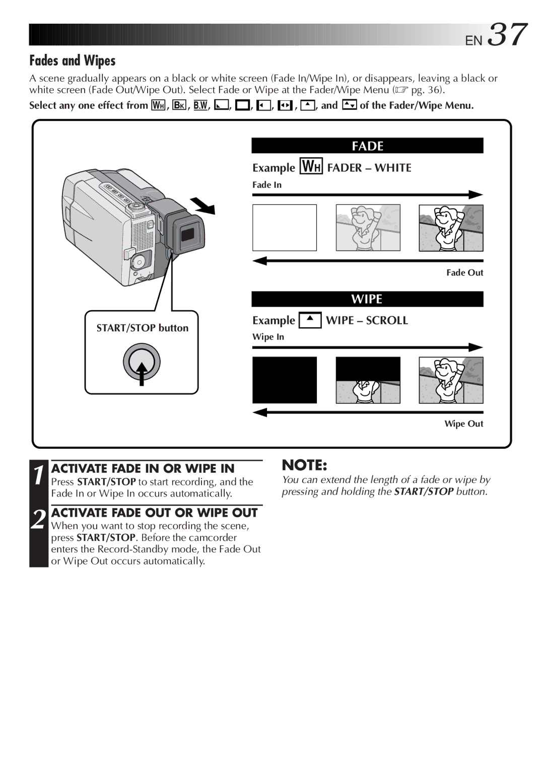 JVC GR-DVL9000 manual Fades and Wipes, Fader White, Example Wipe Scroll, BK , B W Fader/Wipe Menu 