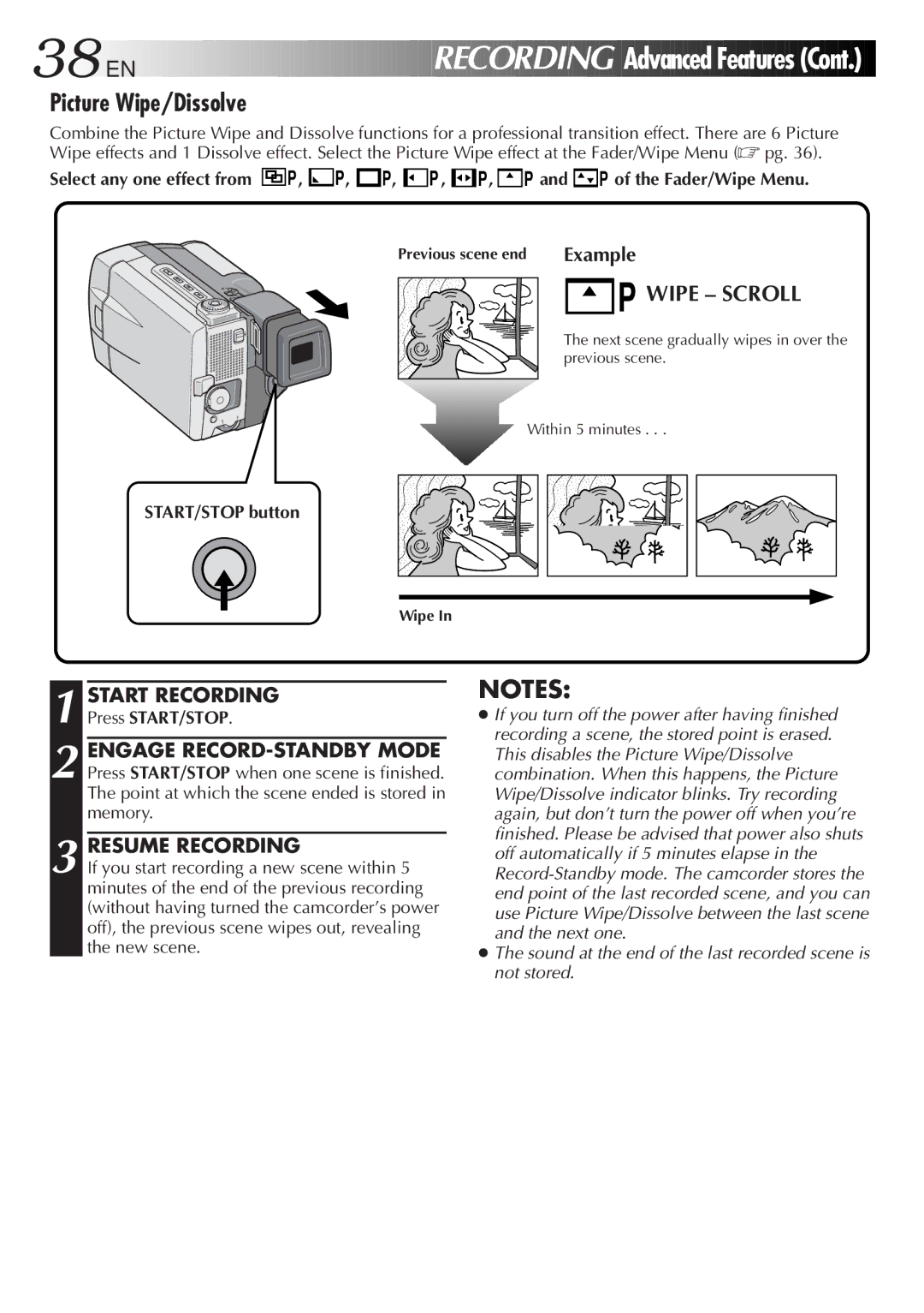 JVC GR-DVL9000 manual Picture Wipe/Dissolve, Resume Recording, P and P of the Fader/Wipe Menu 