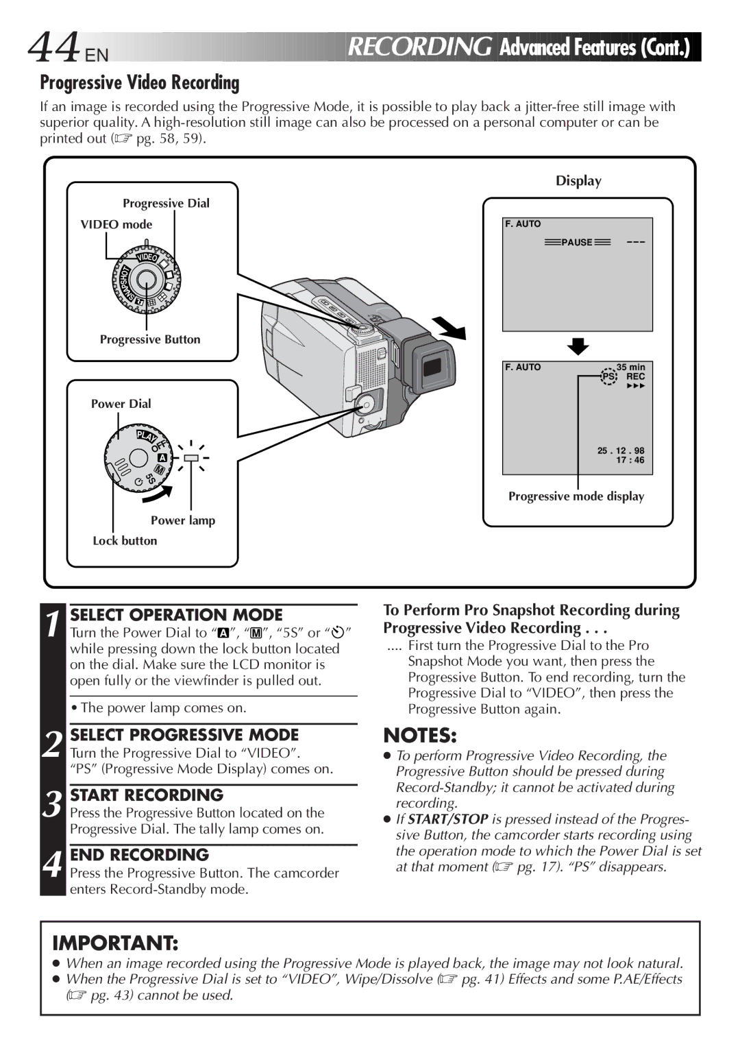 JVC GR-DVL9000 manual Progressive Video Recording, END Recording 