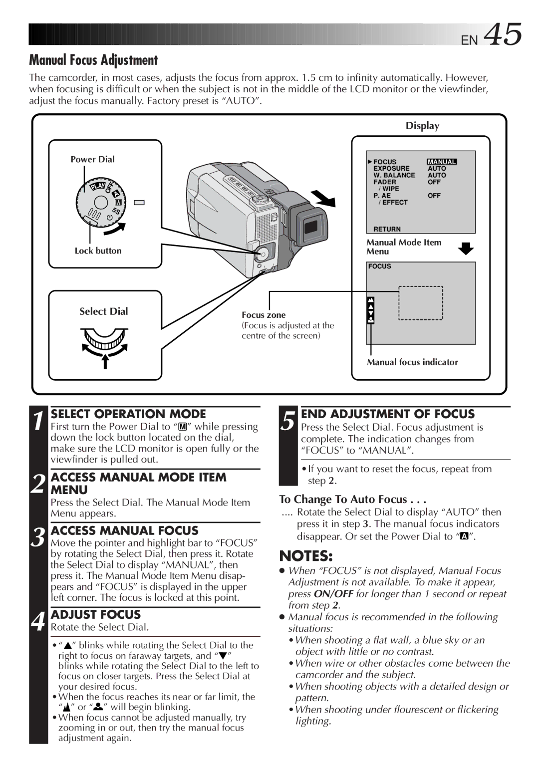 JVC GR-DVL9000 manual Manual Focus Adjustment, Access Manual Focus, Adjust Focus, To Change To Auto Focus 