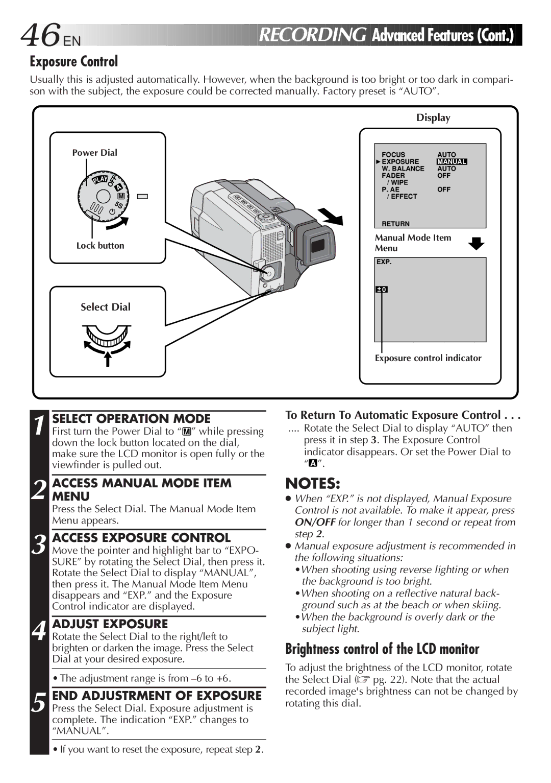 JVC GR-DVL9000 manual Exposure Control, Brightness control of the LCD monitor, Adjust Exposure 