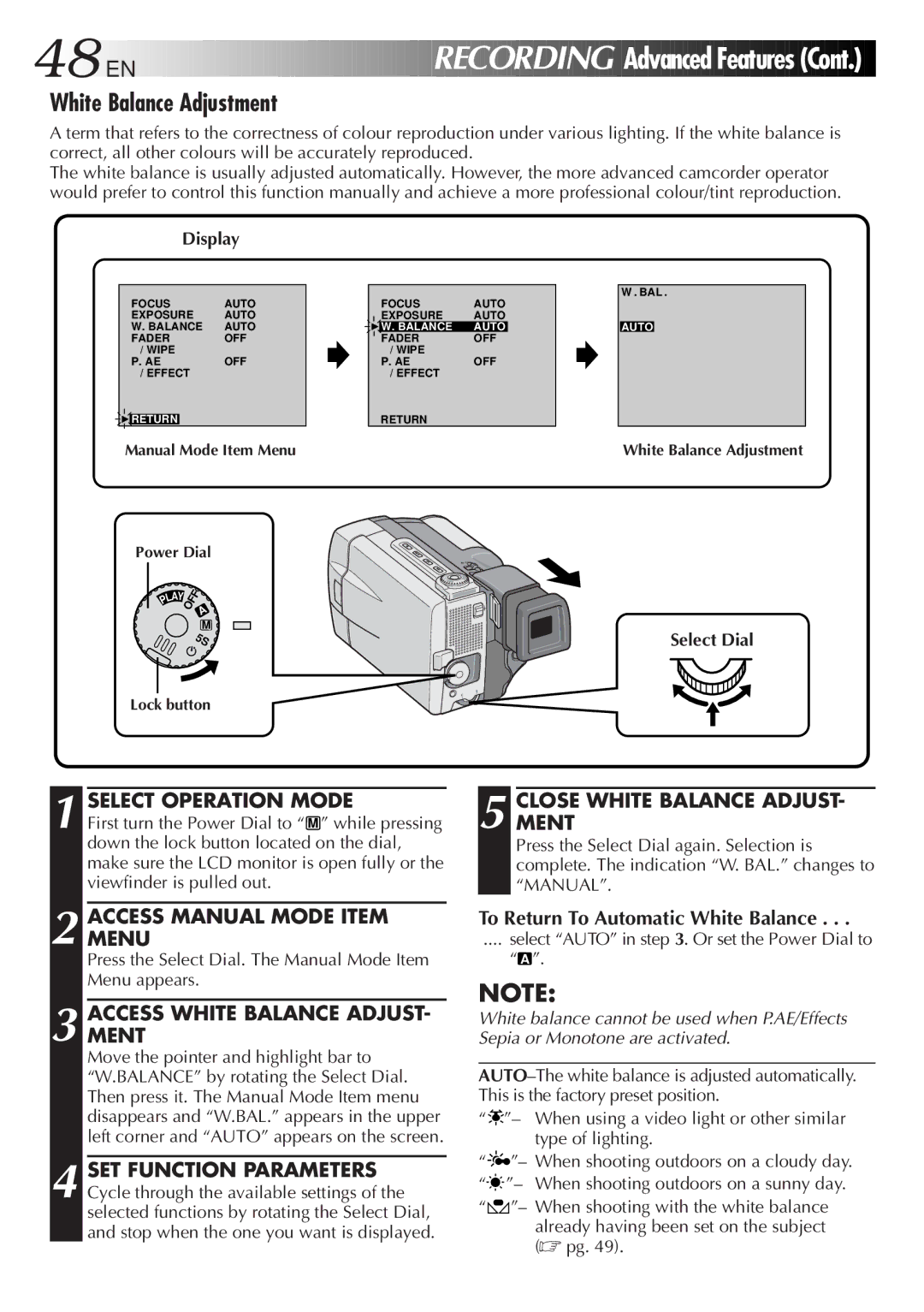 JVC GR-DVL9000 manual White Balance Adjustment, Accessment White Balance Adjust, Closement White Balance Adjust 