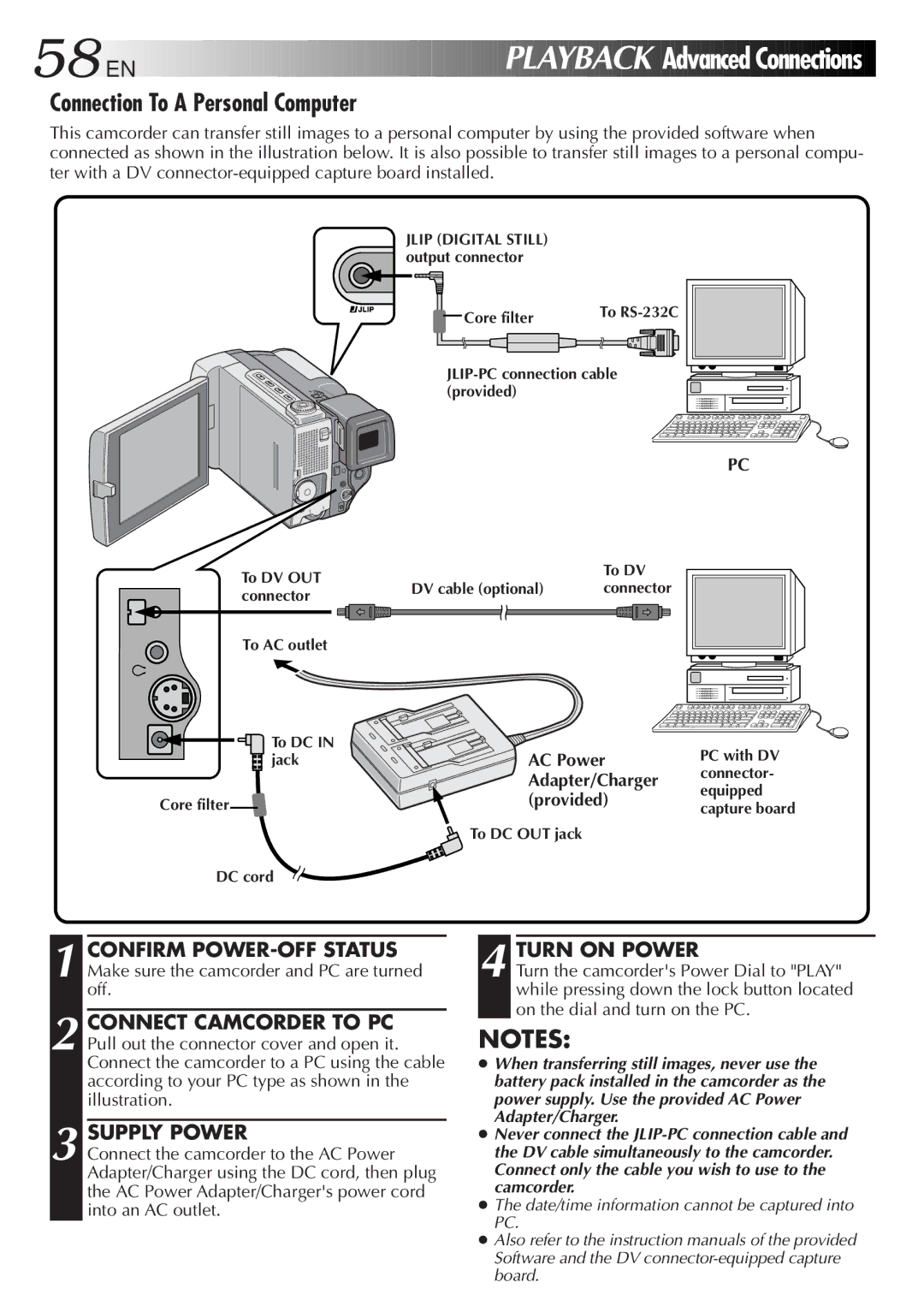 JVC GR-DVL9000 manual Connection To a Personal Computer, Supply Power 