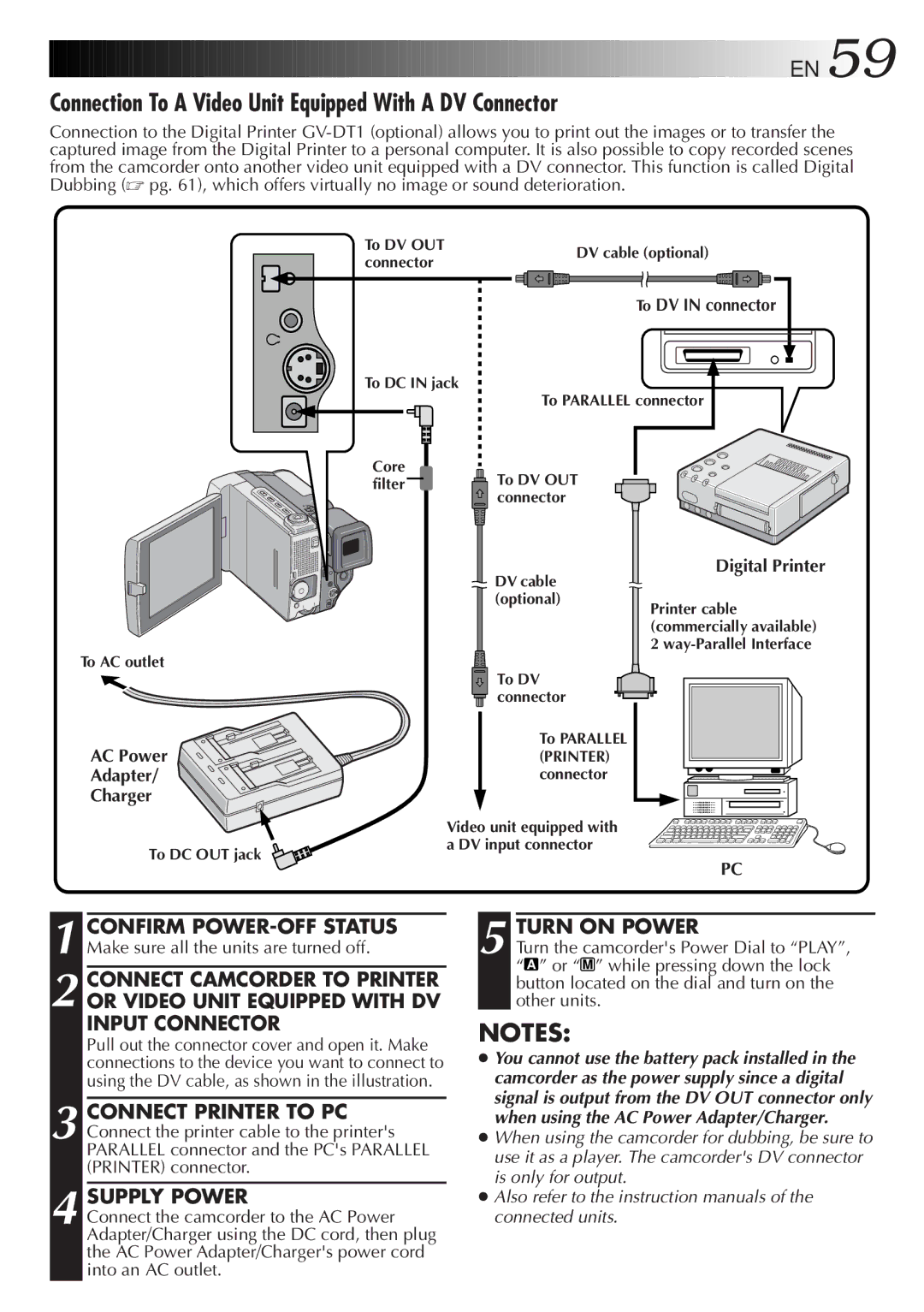 JVC GR-DVL9000 manual Connection To a Video Unit Equipped With a DV Connector, To DV in connector, Digital Printer 