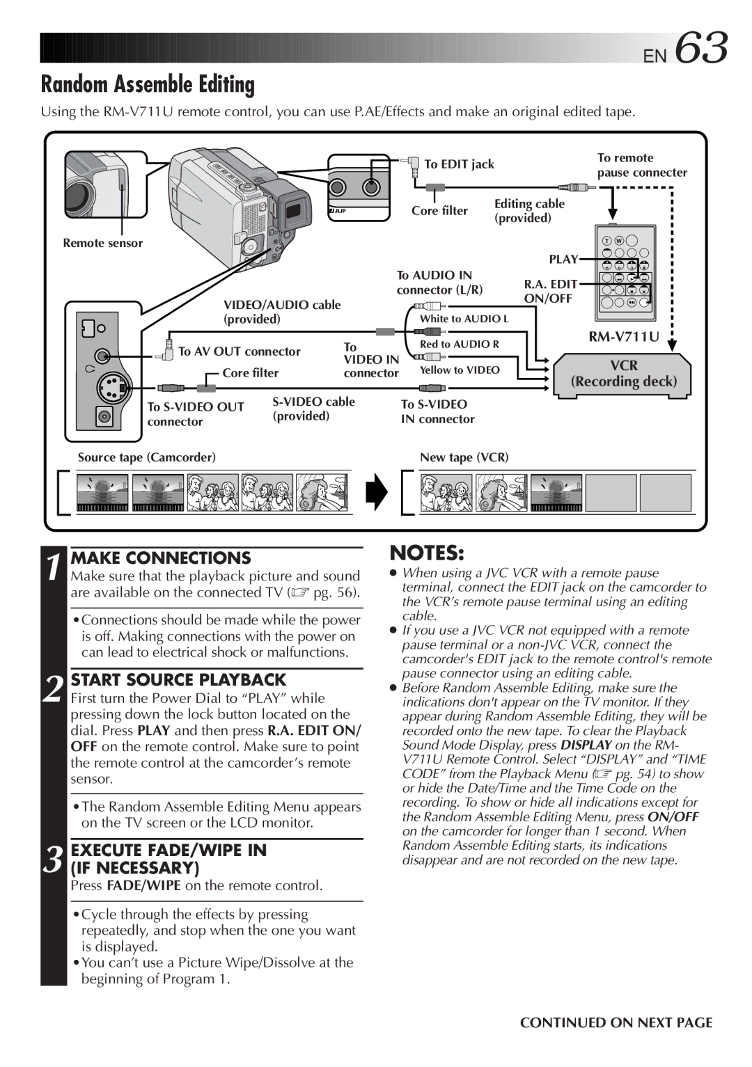 JVC GR-DVL9000 manual Random Assemble Editing, Execute FADE/WIPE in if Necessary 