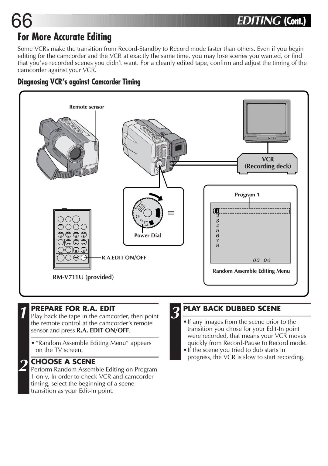 JVC GR-DVL9000 manual For More Accurate Editing, Prepare for R.A. Edit Play Back Dubbed Scene, Choose a Scene 