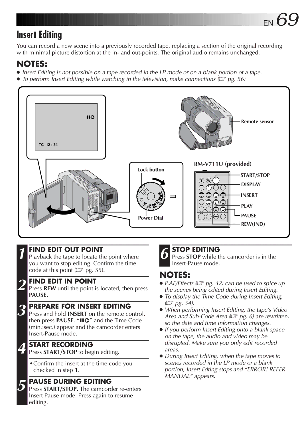 JVC GR-DVL9000 manual Insert Editing, Find Edit OUT Point, Find Edit in Point, Pause During Editing 