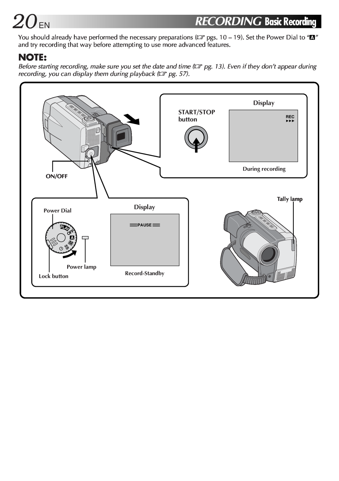 JVC GR-DVL9000 manual 20ENRECORDING, BasicRecording, Display, START/STOP button, Play, M 5S 