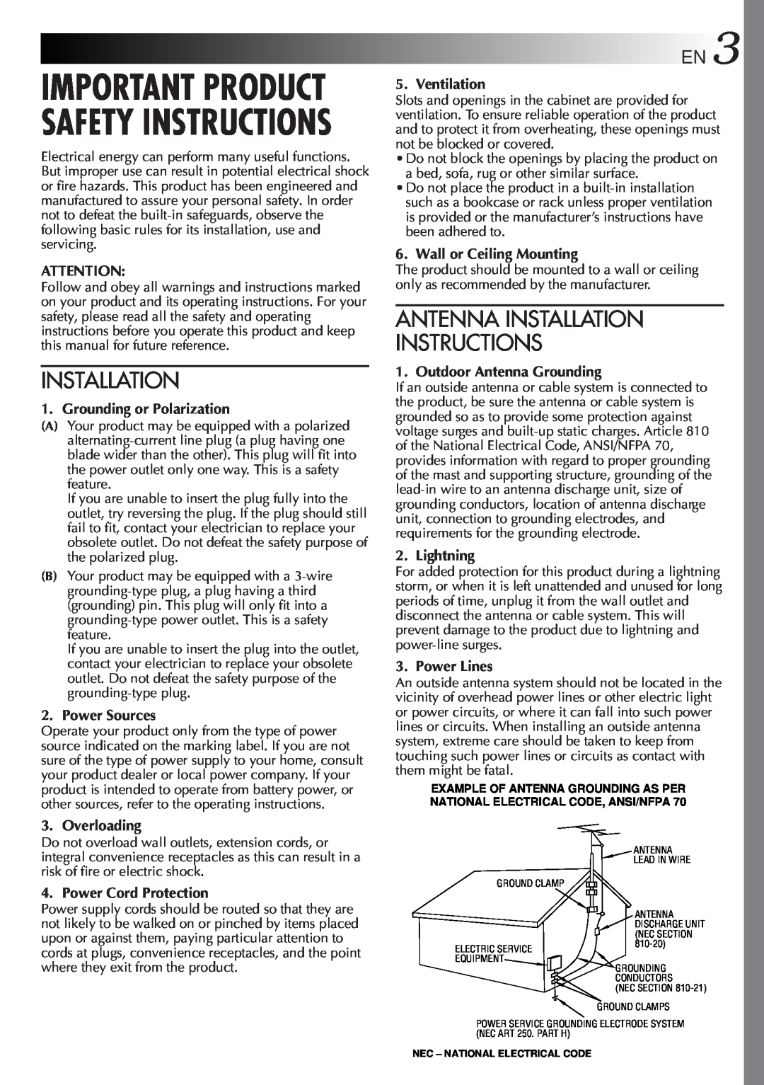 JVC GR-DVL9000 Antenna Installation Instructions, Important Product Safety Instructions, Grounding or Polarization 