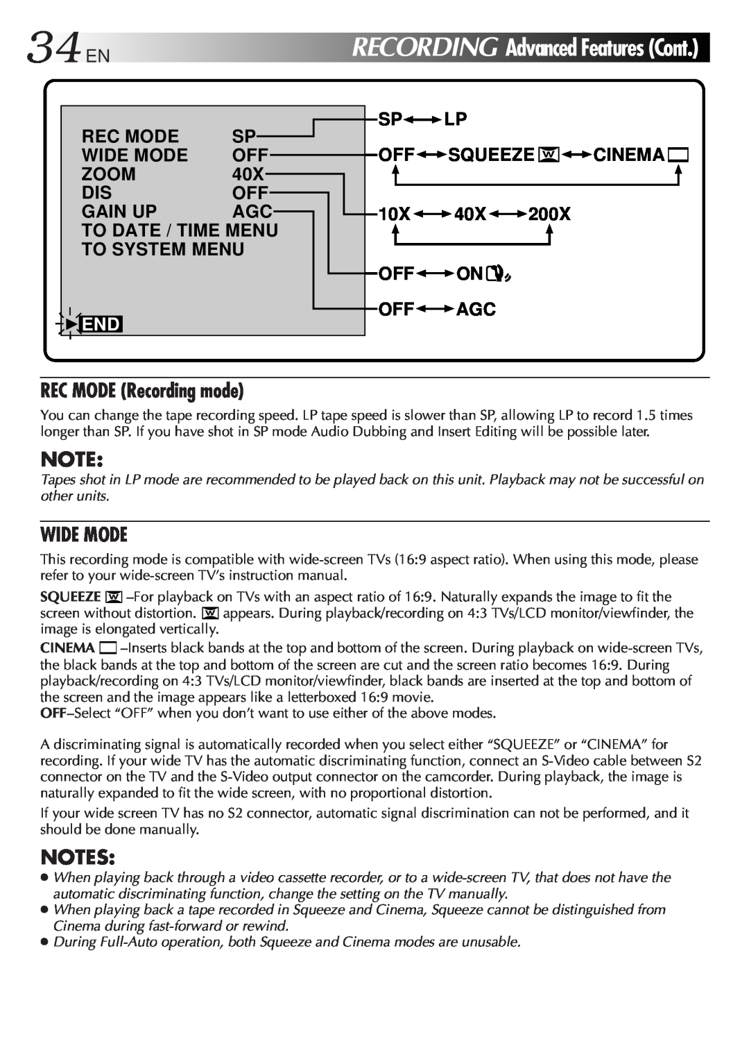 JVC GR-DVL9000 manual 34ENRECORDING, REC MODE Recording mode, Wide Mode, AdvancedFeaturesCont, Notes, 4END 