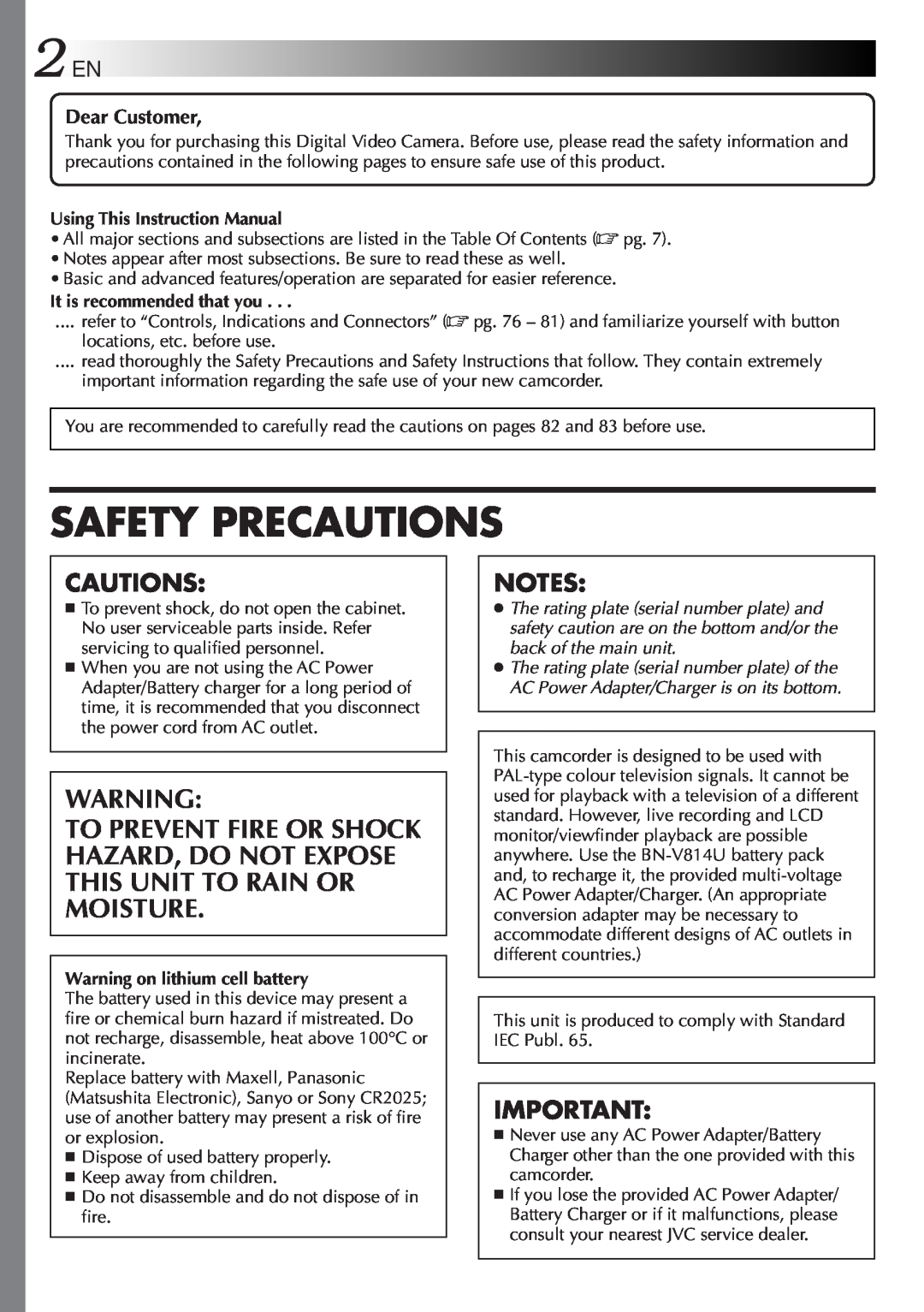JVC GR-DVL9000 manual Cautions, Notes, Safety Precautions, Dear Customer, Using This Instruction Manual 