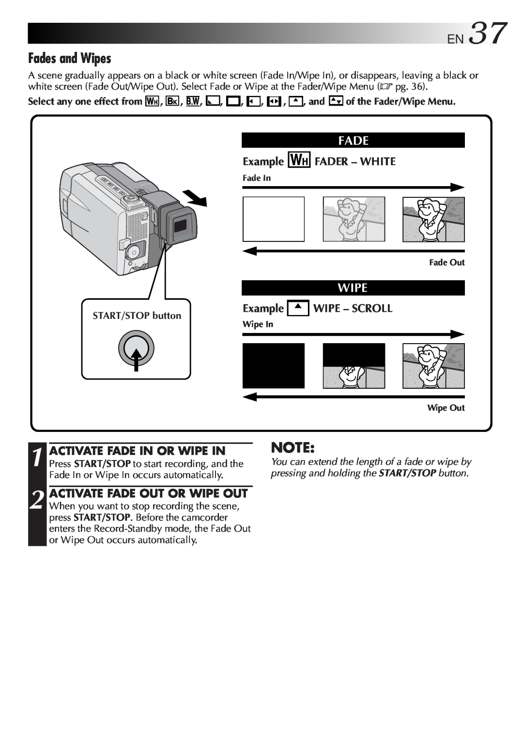 JVC GR-DVL9000 manual Fades and Wipes, EN37, Fader – White, Example WIPE – SCROLL 
