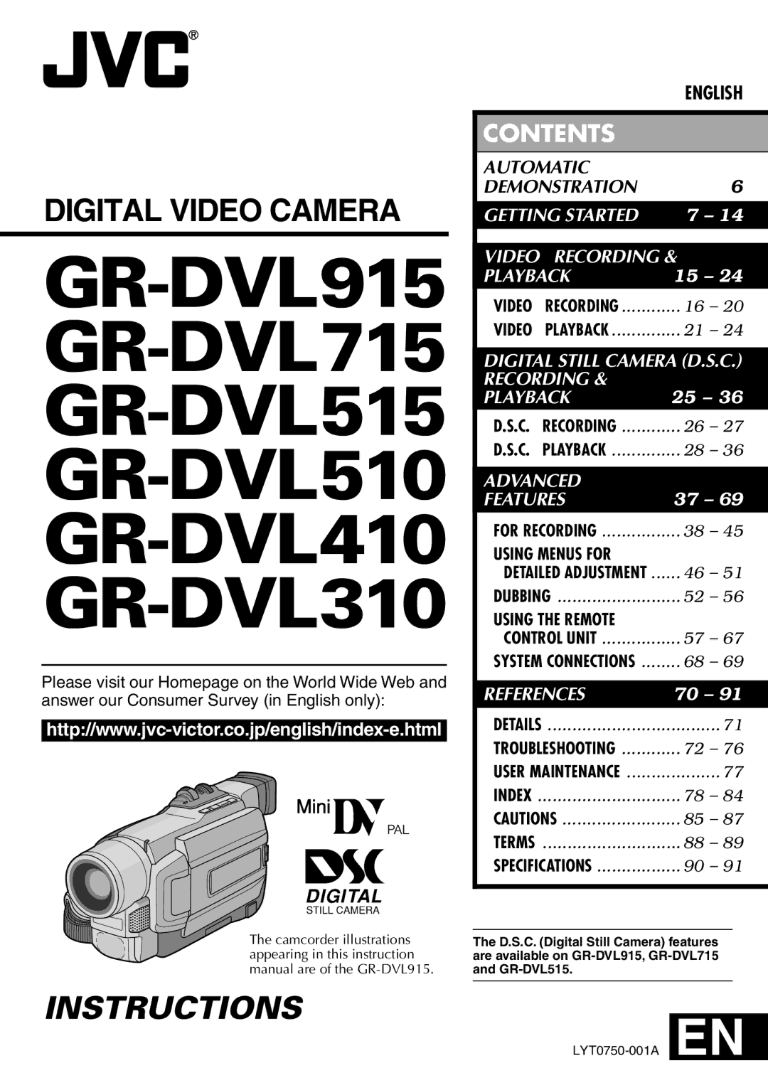 JVC specifications GR-DVL915 GR-DVL715 GR-DVL515 GR-DVL510 GR-DVL410 GR-DVL310 