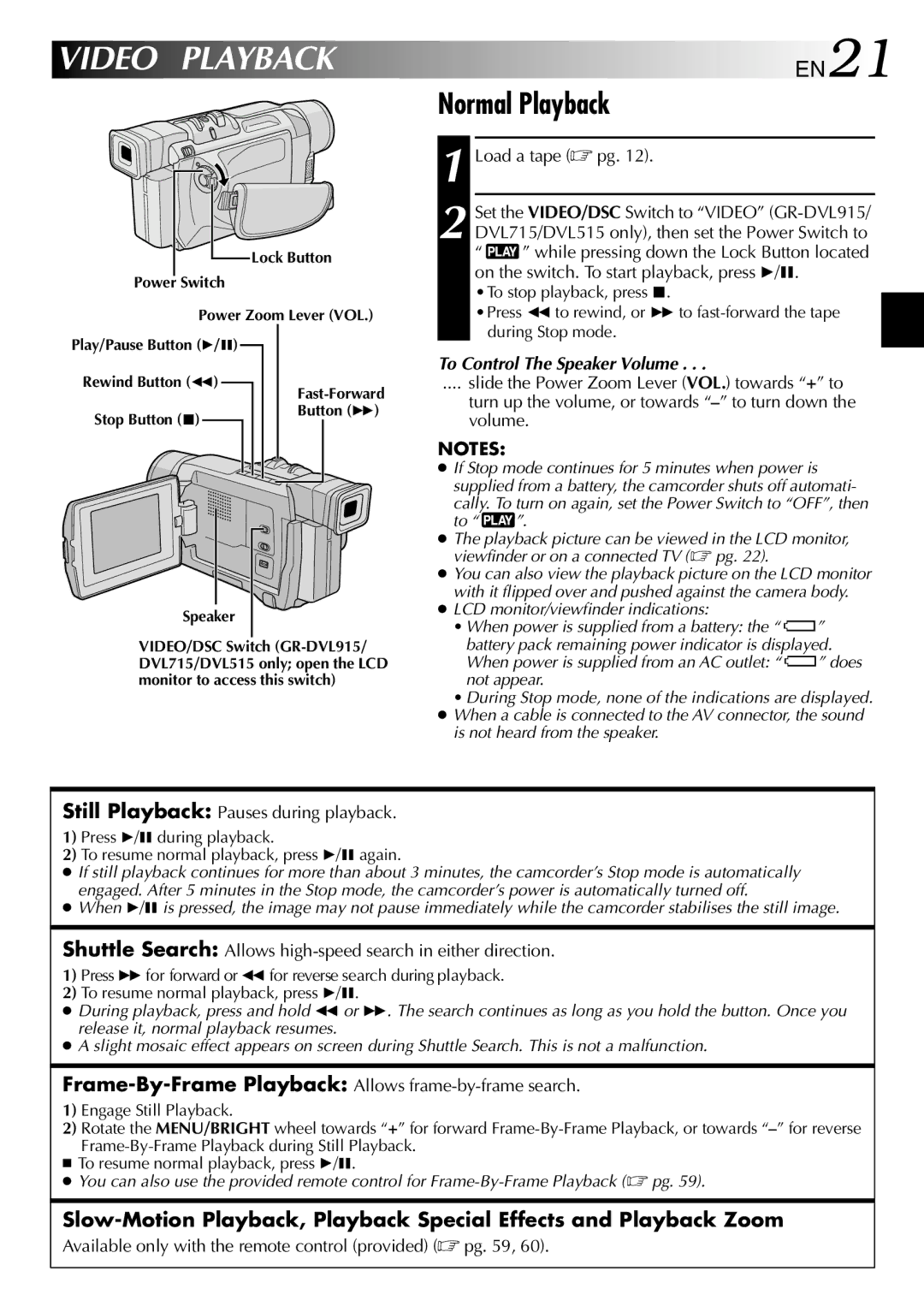 JVC GR-DVL310, GR-DVL915, GR-DVL510, GR-DVL515 Video Playback, Normal Playback, EN21, To Control The Speaker Volume 