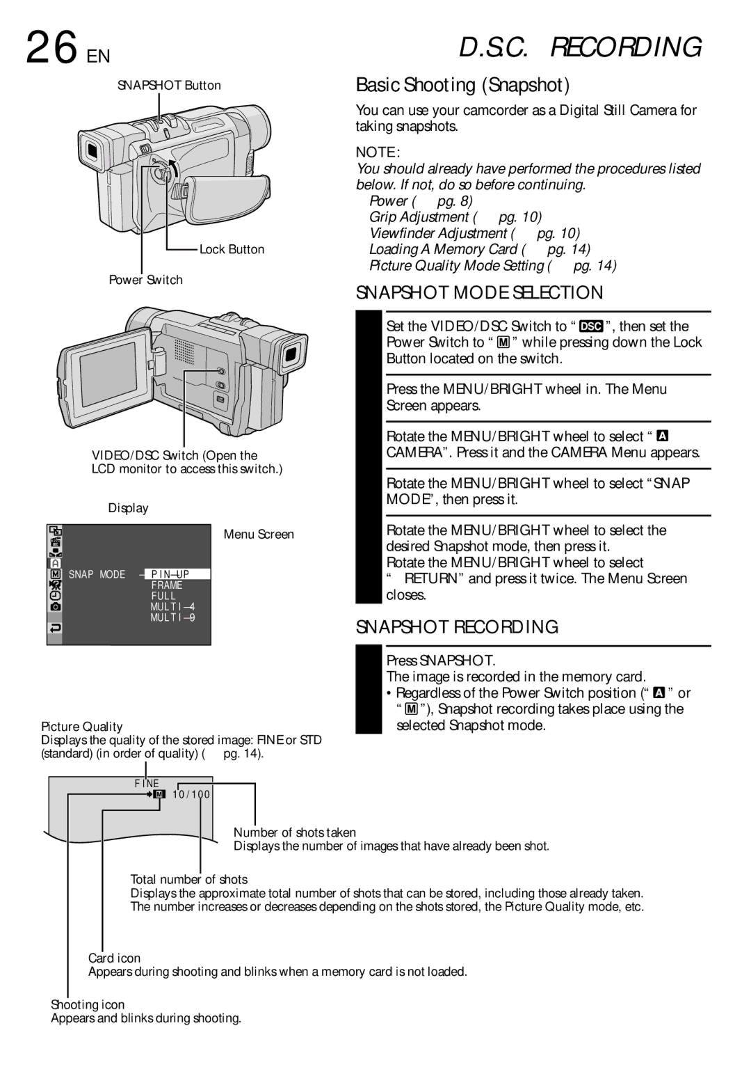 JVC GR-DVL515, GR-DVL915 26 EN, Basic Shooting Snapshot, Snapshot Mode Selection, Snapshot Recording, Press Snapshot 