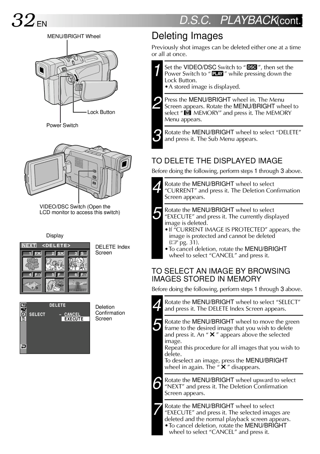 JVC GR-DVL515, GR-DVL915, GR-DVL510 32 EN, Deleting Images, To Delete the Displayed Image, To Select AN Image by Browsing 