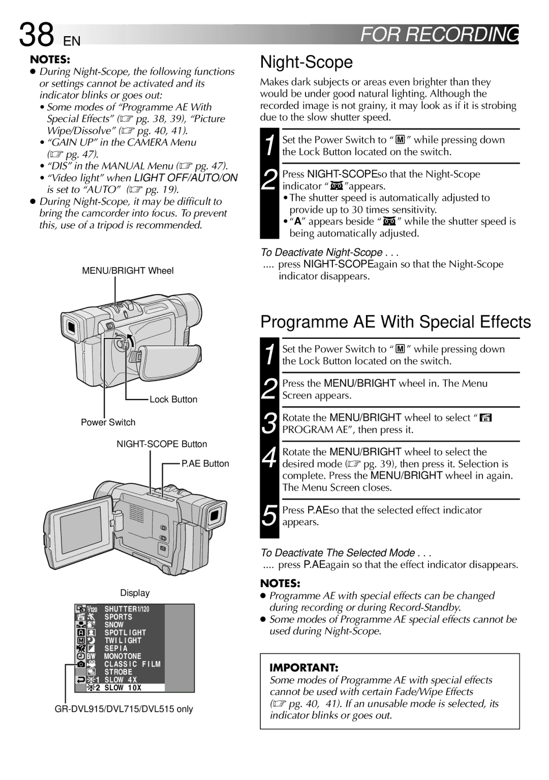 JVC GR-DVL515, GR-DVL915, GR-DVL510, GR-DVL310 38 EN, For Recording, Night-Scope, Programme AE With Special Effects 